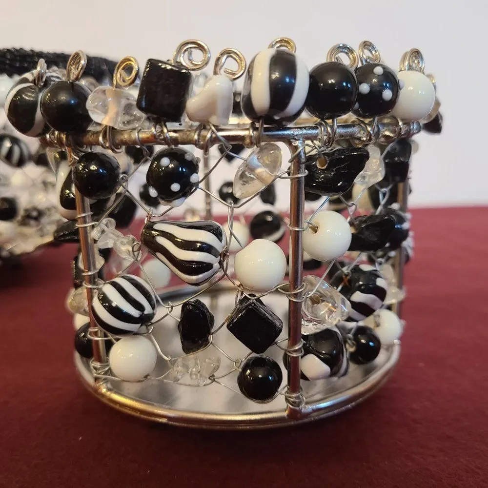 Black and White Metal Wire and Glass Beaded Bowls Baskets Made In India
